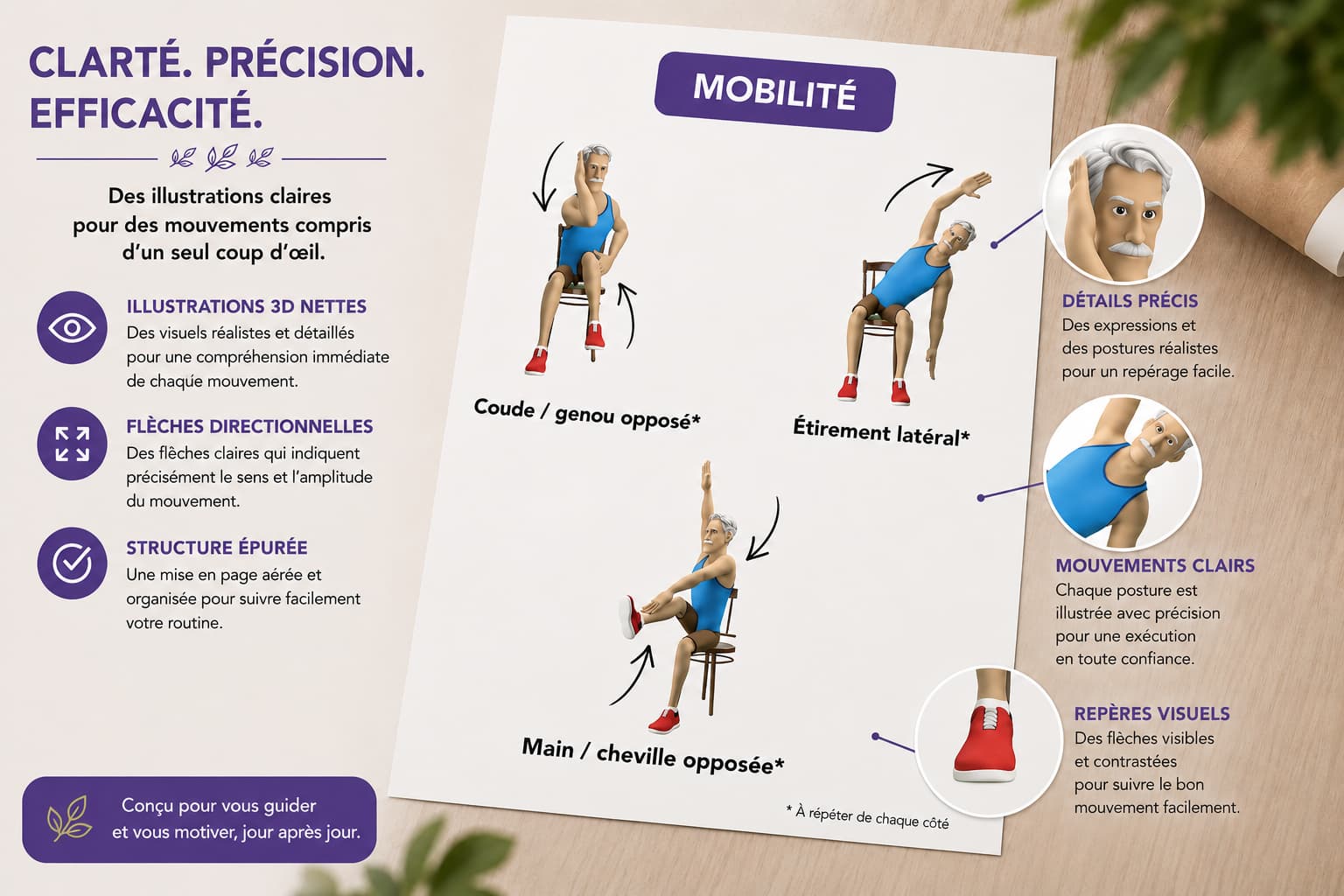 Des visuels réalistes et détaillés pour une compréhension immédiate de chaque mouvement de tai chi sur chaise.