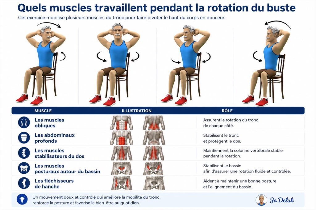 les muscles qui travaillent avec la rotation du buste. 