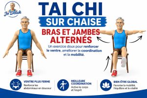 tai chi sur chaise extension de jambe avec bras levés comment