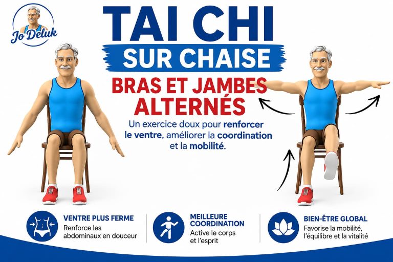 tai chi sur chaise extension de jambe avec bras levés comment