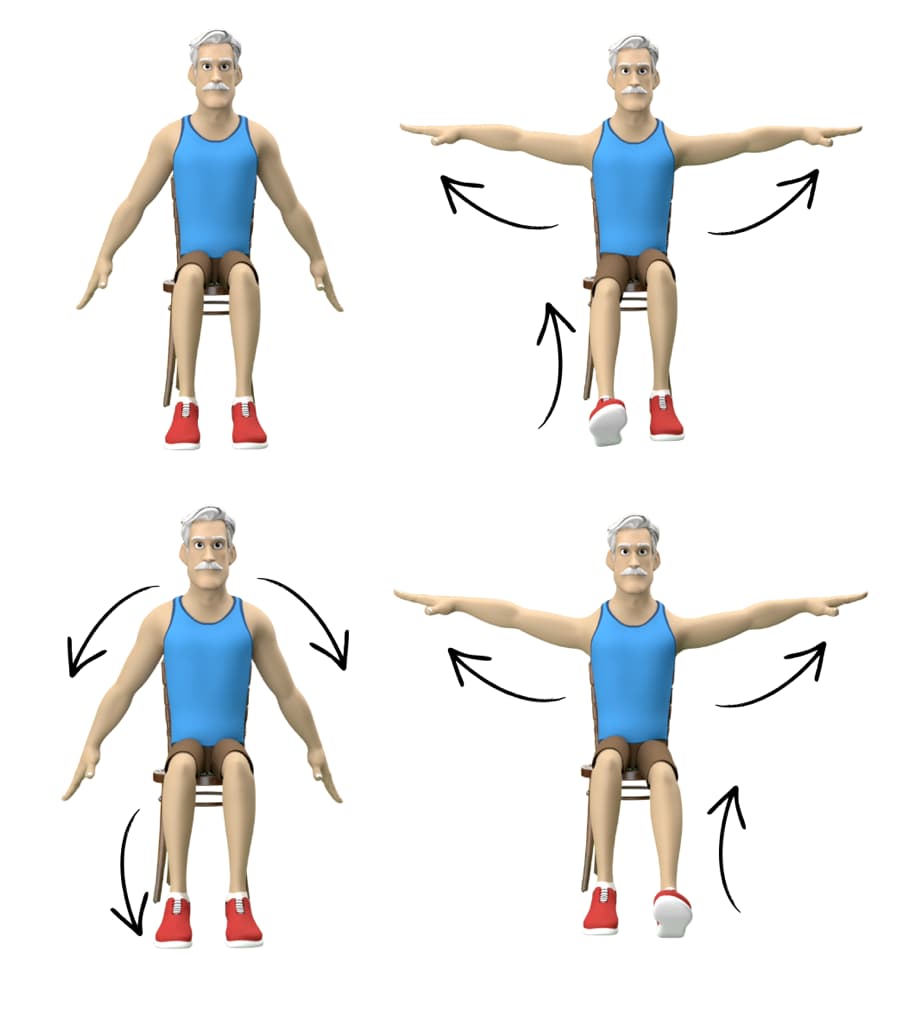 tai chi sur chaise extension de jambe avec bras levés