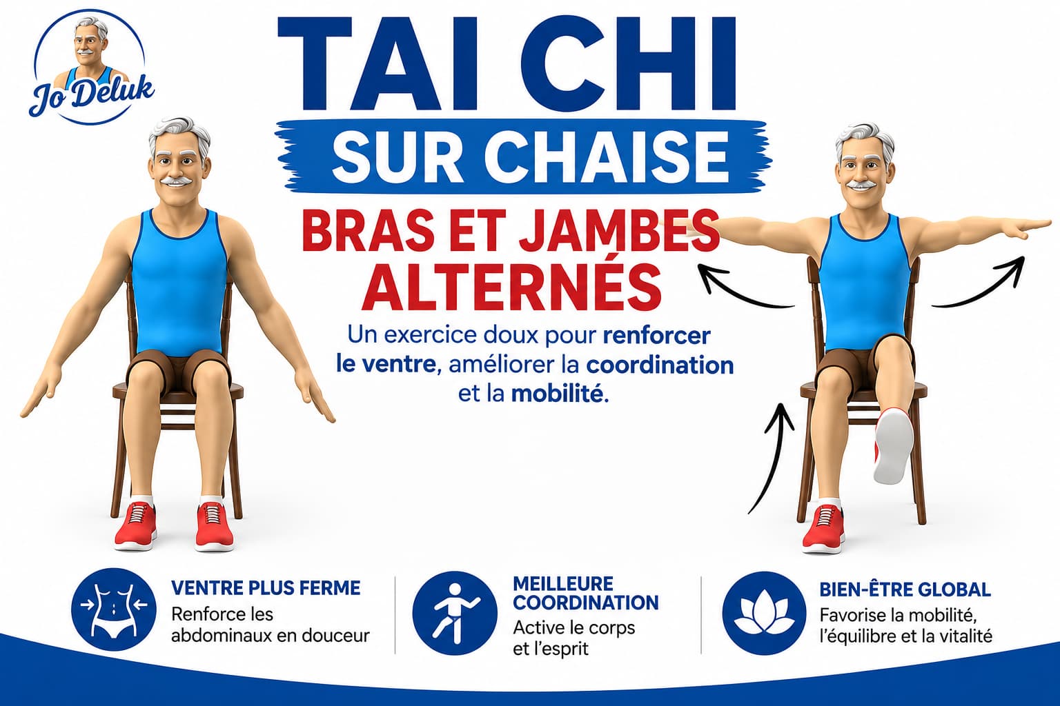 tai chi sur chaise extension de jambe avec bras levés comment