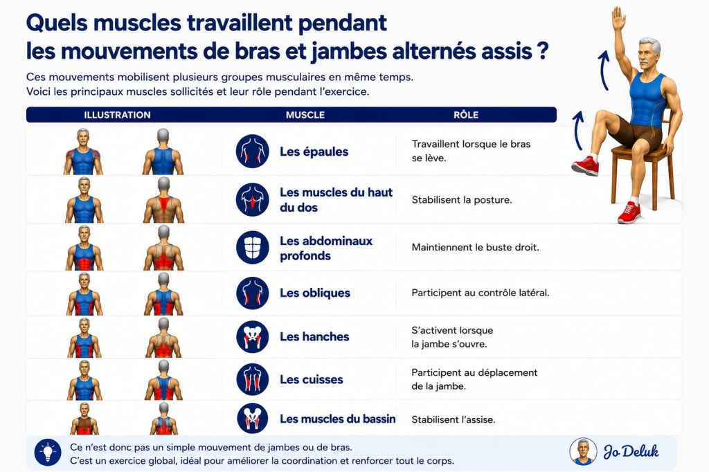 tai chi sur chaise muscles qui travaillent pendant les mouvements de bras et jambes alternées assis
